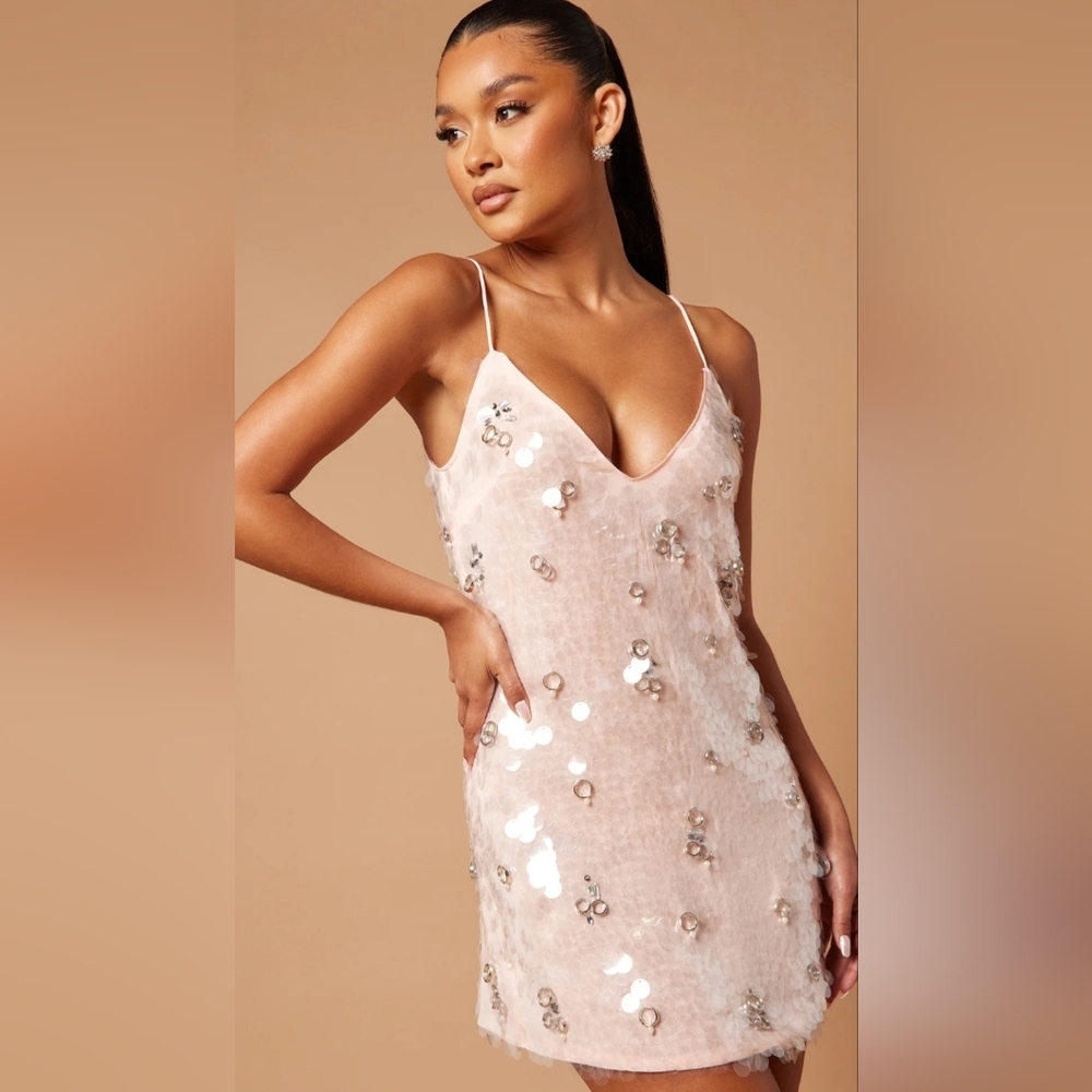 Belinda Sequin Embellished Mini Dress in Pink With Pearl And Silver Rings Sz XS